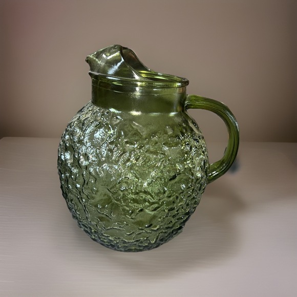 Vintage Anchor Hocking Avocado Green Milano Crinkle Glass Ball Water Tea Pitcher - Picture 3 of 5